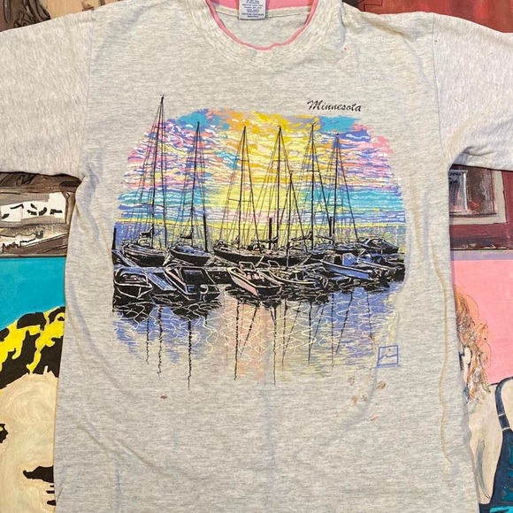 Vintage 90s Minnesota Lake Sunset Colorful T Shirt - Picture 2 of 8